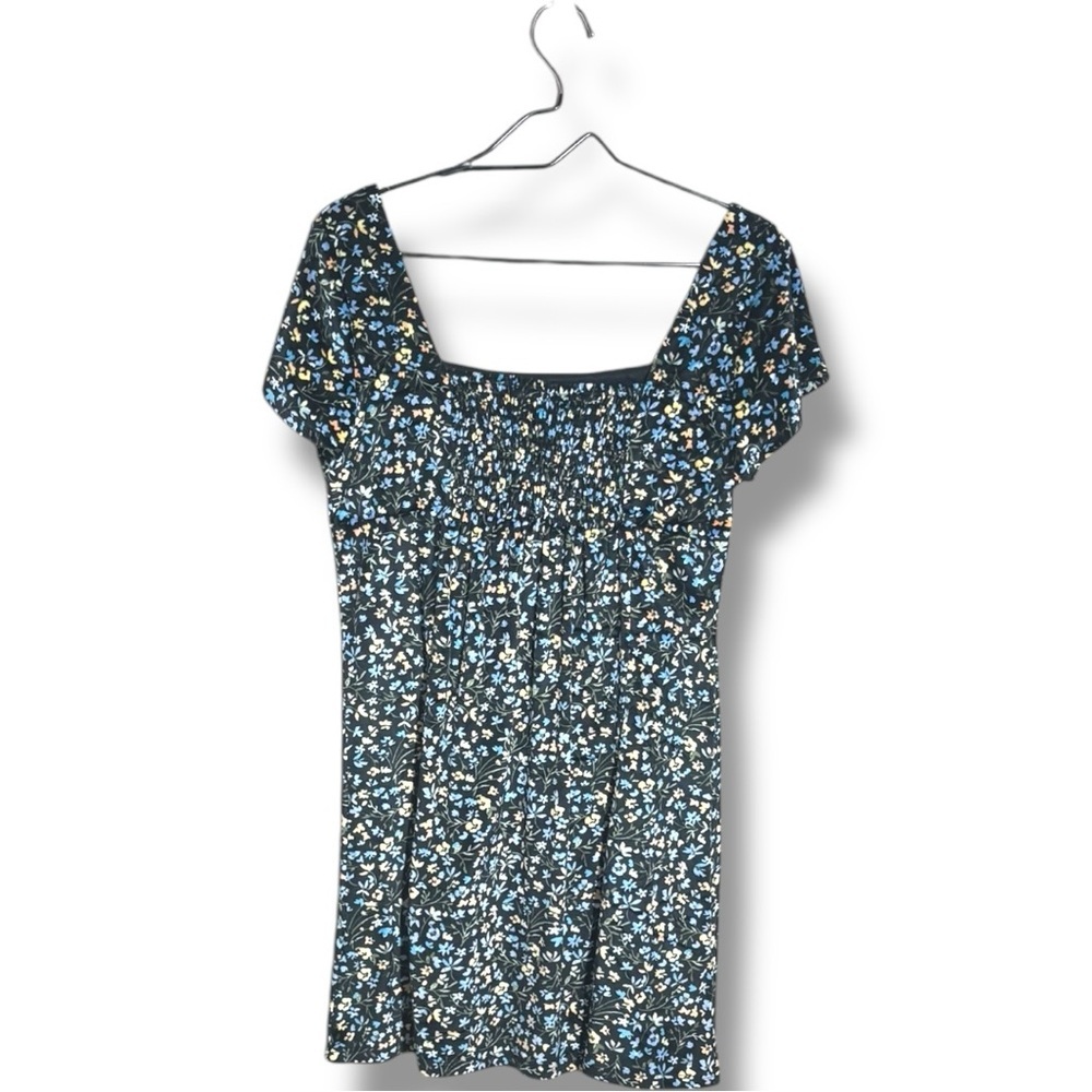 Planet Gold Black Small Floral Print Velvet Short Cap Sleeves Flared Mini Dress - Picture 15 of 15